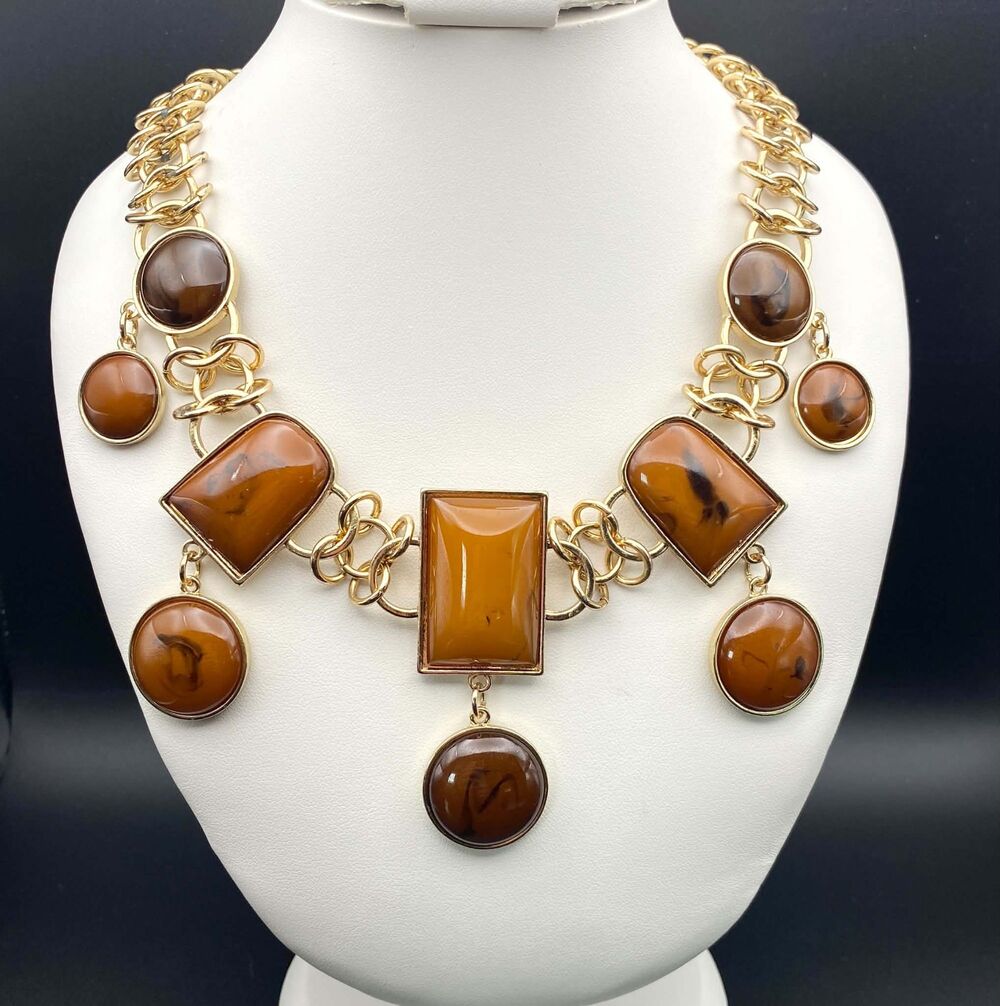 Gold Tone Amber Brown Statement Necklace Chunky Chain Geometric Pendant Boho